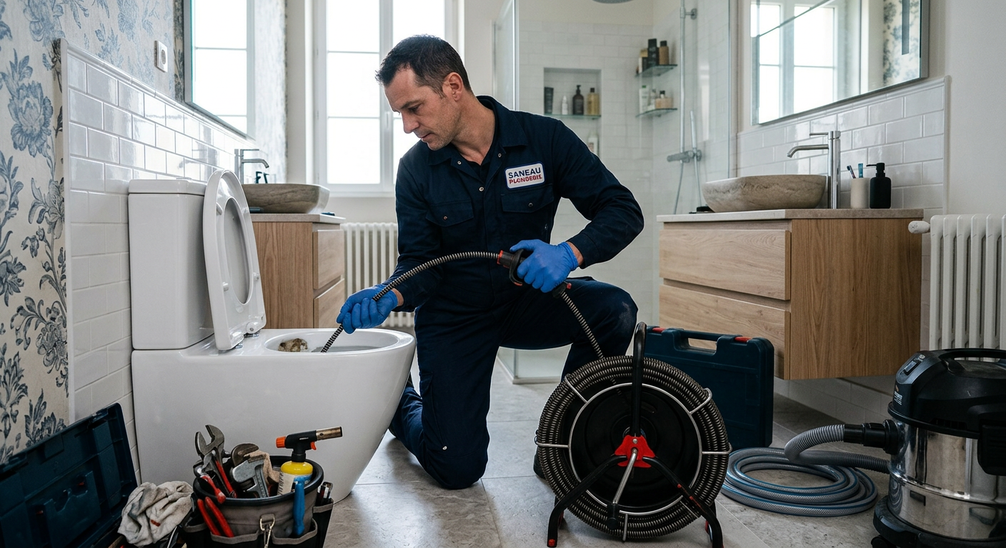 Plombier débouchant des WC avec un furet électrique à Montrouge